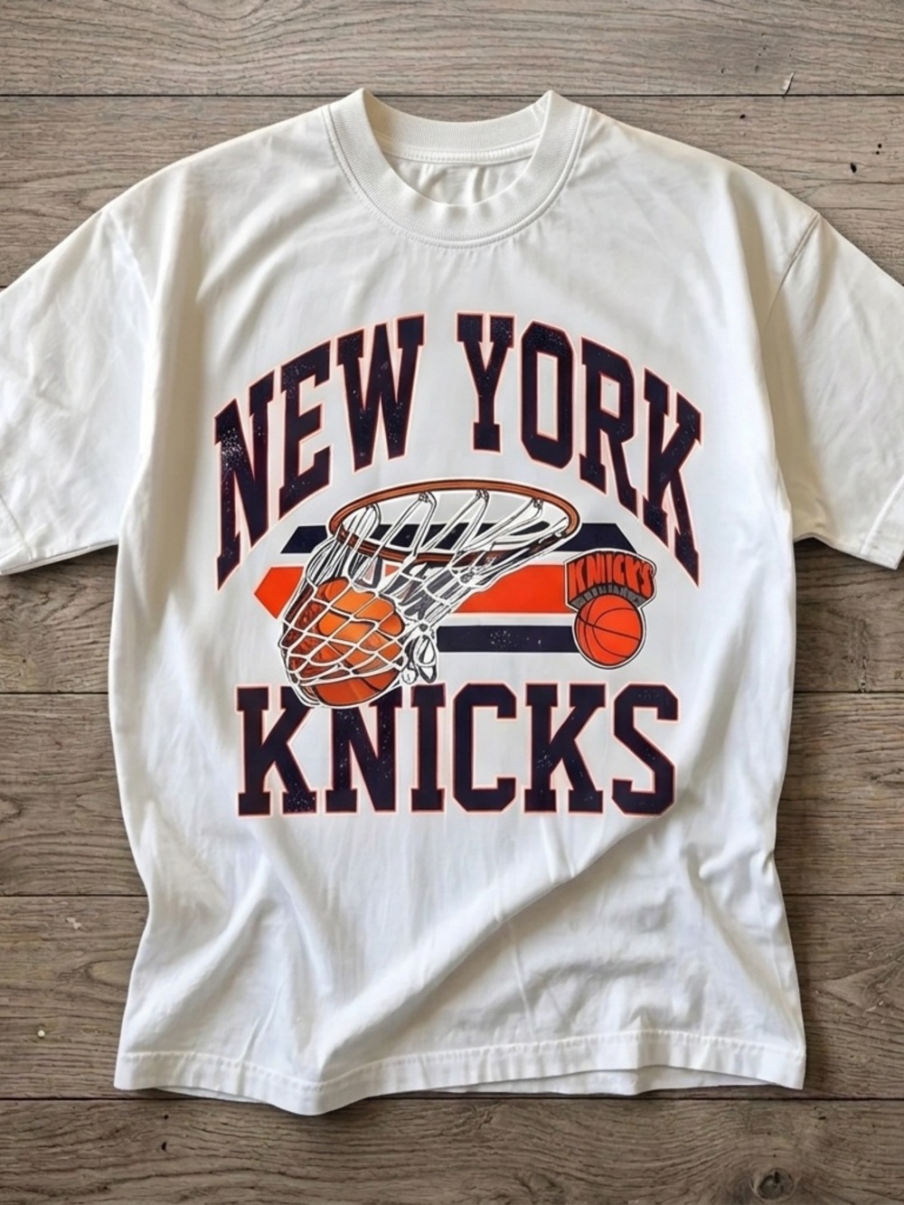 Gildan White New York Knicks Graphic Tee with Orange & Navy Print